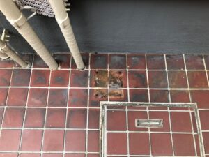 レンガ床面 水垢もらいサビ除去作業後